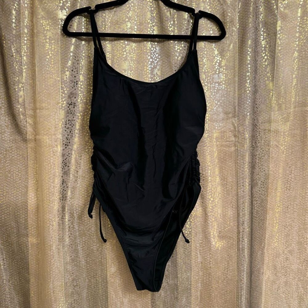 Womens Solid Black Ruched High Cut Side Tie One Piece Swimsuit XL NWOT